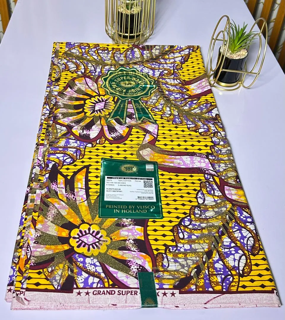 Ankara Signature — Golden Violet Bloom, a premium Ankara Signature fabric available to buy in Lagos, Nigeria from SBM Fabrics Hub.